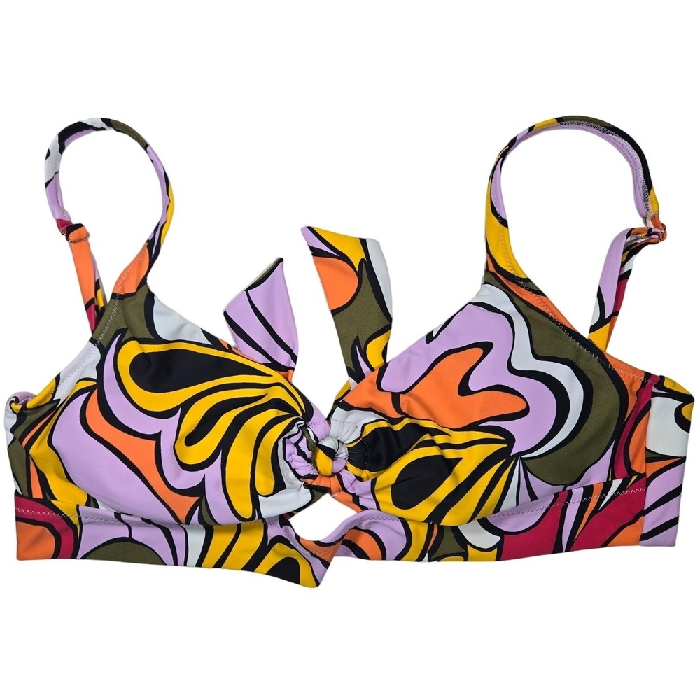 Bar III Womens XL Retro Swirl Print Bikini Top Tie Front Ring Detail